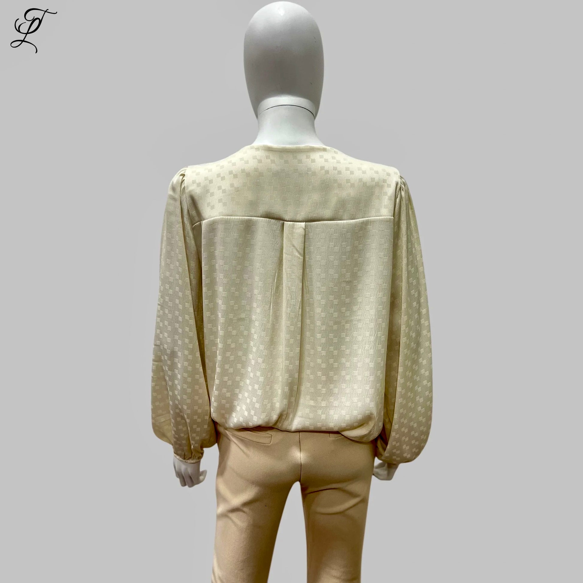 Chastar V-Hals Blouse in off-white met subtiel ingeweven patroon, getoond op etalagepop van achteren. Elegante blouse met lange mouwen en elastische manchetten, losvallend model met plooiwerk op de rug. Blouses, Collectie