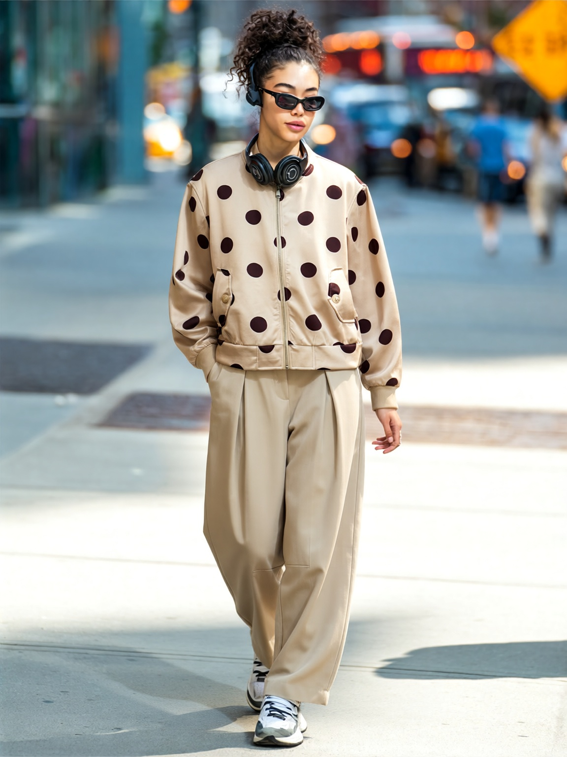 Vrouw loopt buiten met beige jas met grote donkerbruine stippen, beige losse broek, sneakers en zwarte koptelefoon om de hals.