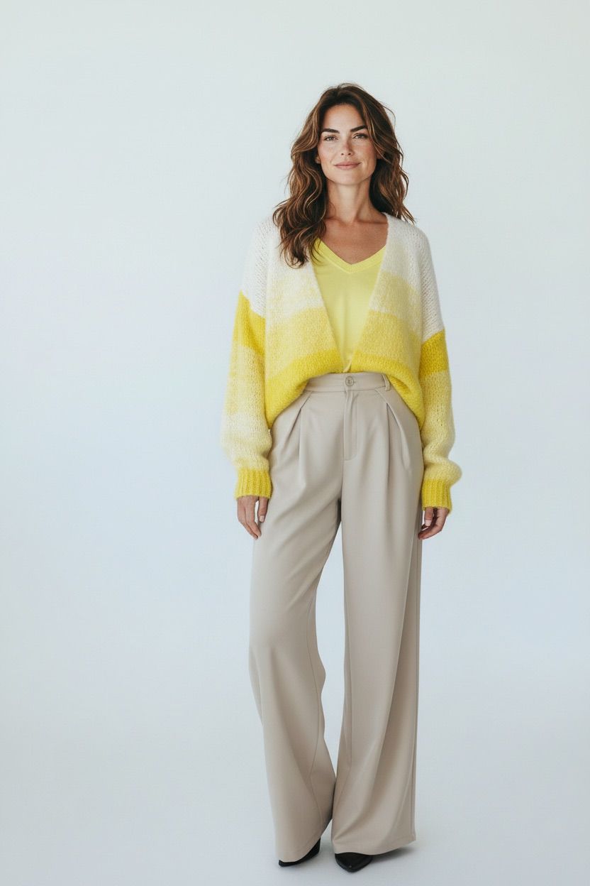 Vrouw draagt geel-wit gebreid vest uit de Vesten collectie van Chastar met beige broek en geel topje.