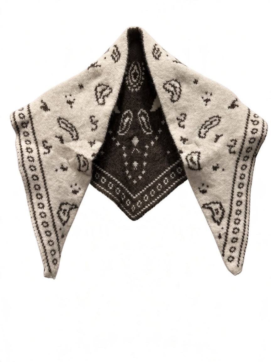 Chastar Sjaal Apolline in Beige met donker paisleydessin, decoratieve rand en puntige uiteinden.