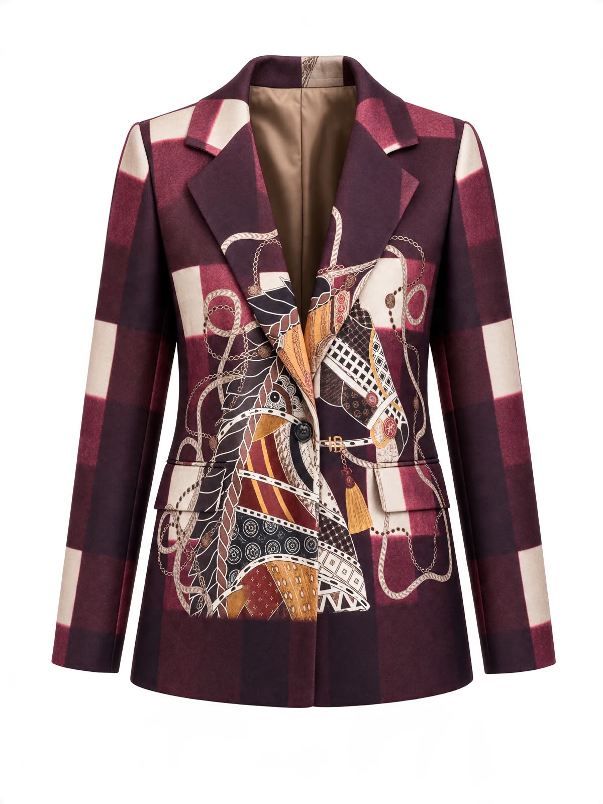 Voorzijde van Chastar Blazer Clémence in Bordeaux met ruitdessin, paardenprint en reverskraag.