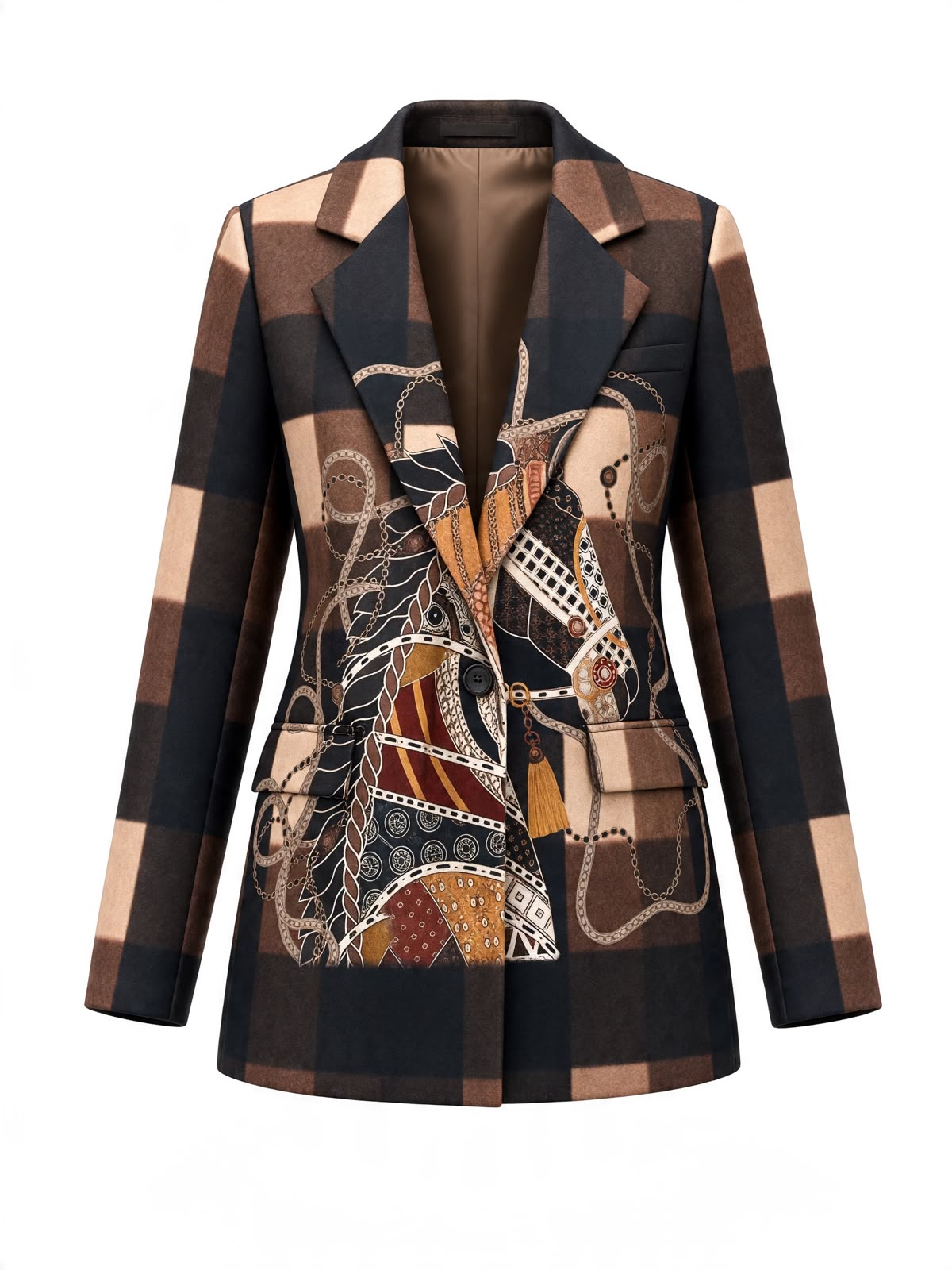 Chastar Blazer Clémence in Zwart, vooraanzicht met paardenprint, knoopsluiting en klepzakken.