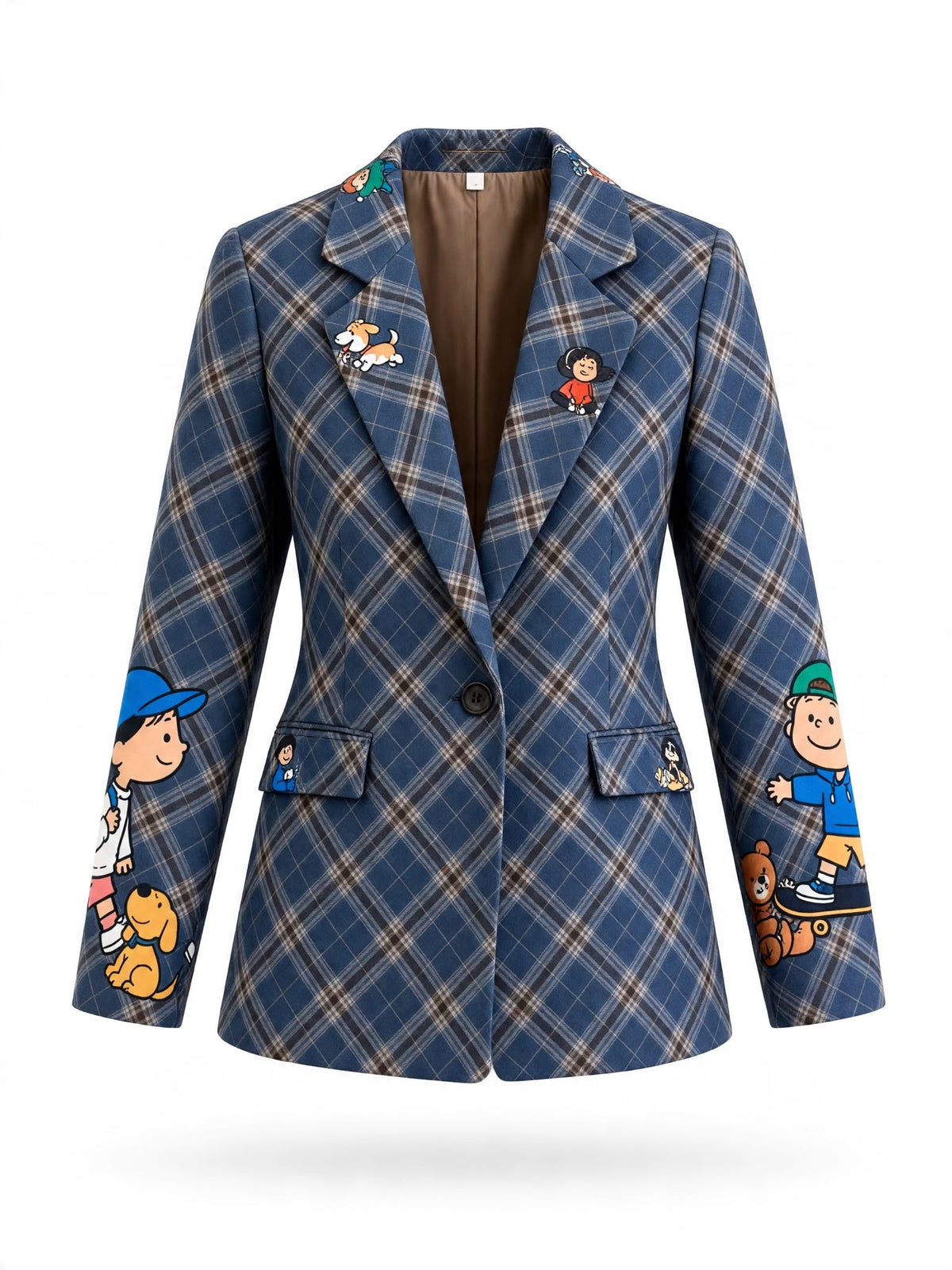 Chastar Blazer Elvire in Blauw met ruitdessin en figurenprint op revers en mouwen, vooraanzicht
