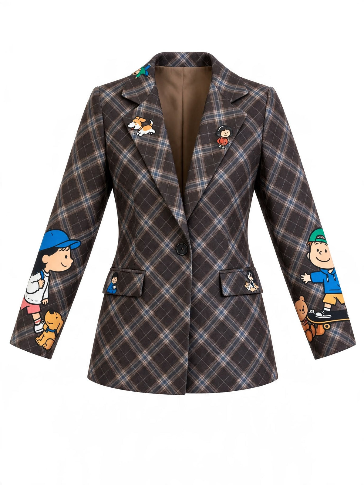 Chastar Blazer Elvire in Zwart met kleurrijke figurenprint, reverskraag en één knoop, vooraanzicht