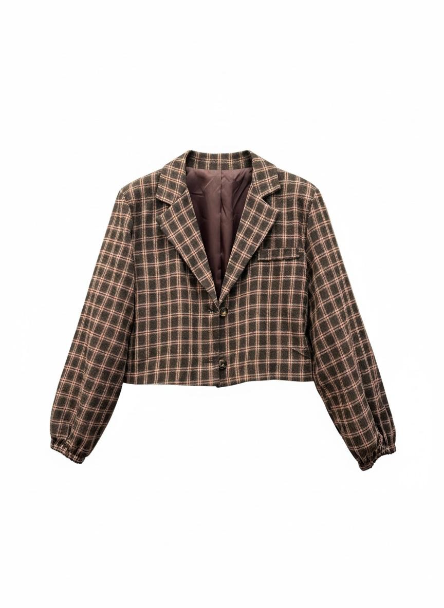 Chastar geruite Blazer Floriane in Bruin met reverskraag en gerimpelde manchetten, productvooraanzicht.