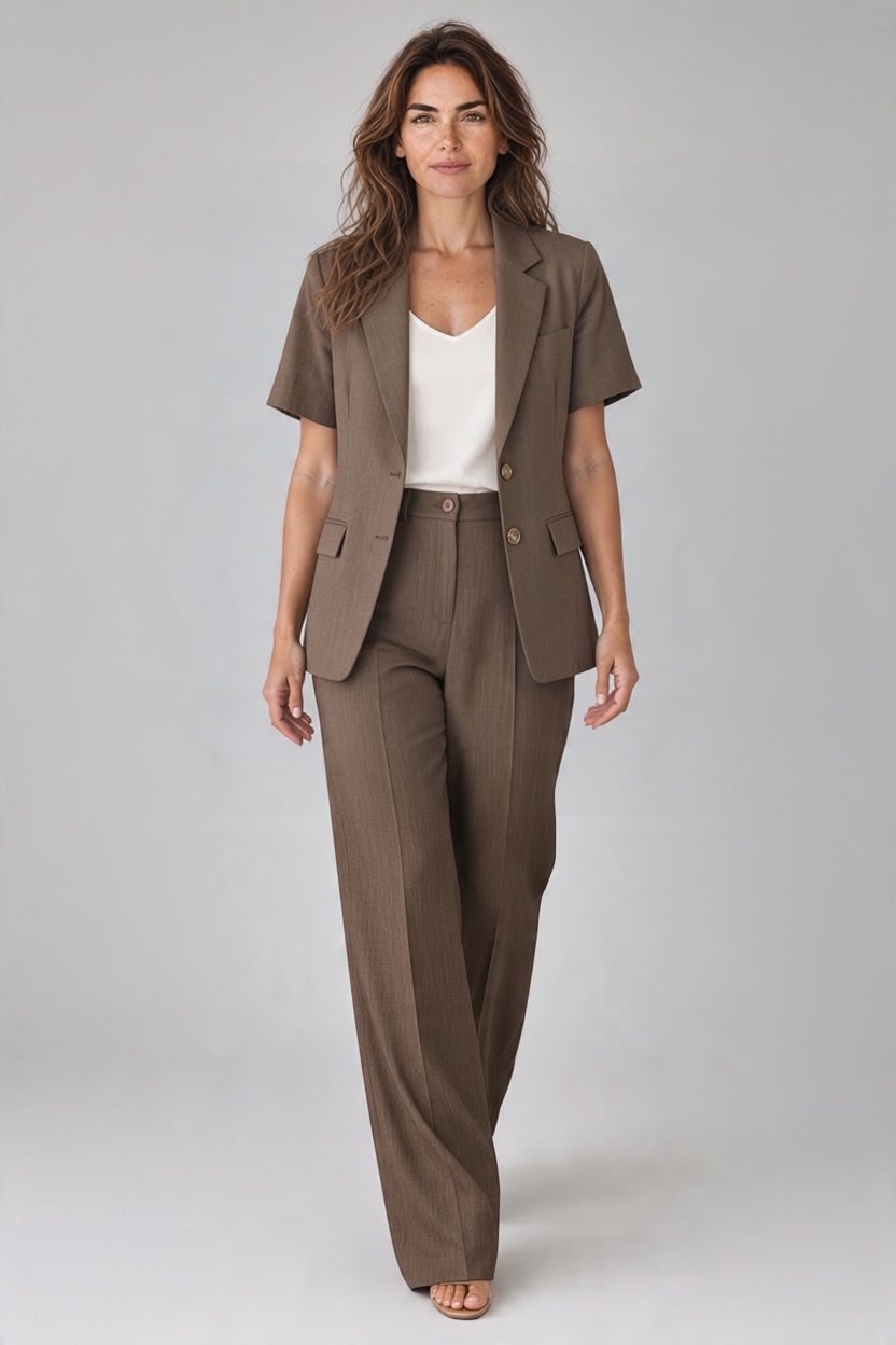 Chastar blazer in bruin met reverskraag, korte mouwen en knoopsluiting, gedragen recht van voren.