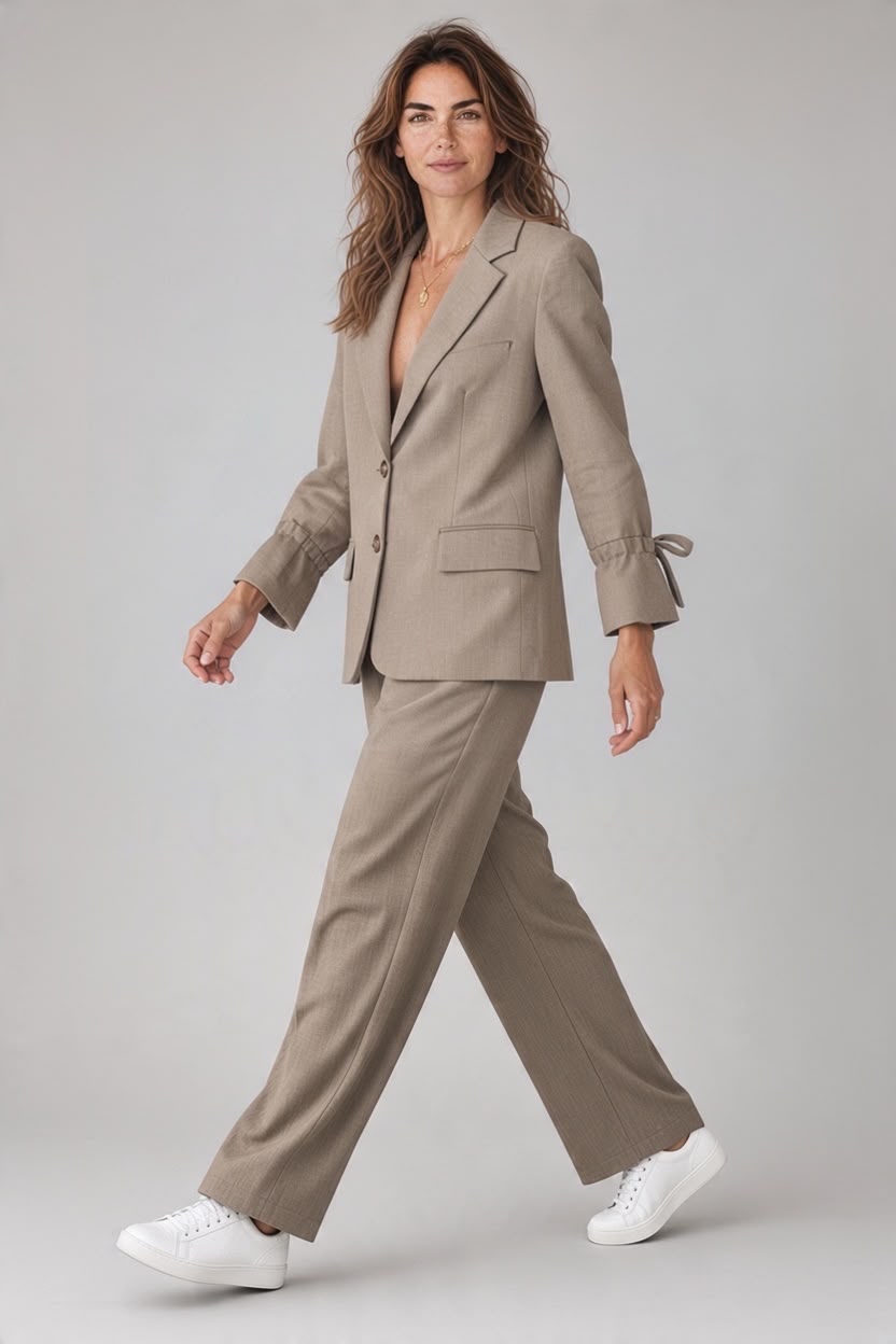 Taupe Chastar blazer met knopen, reverskraag en mouwstrikken, in driekwartaanzicht op een model.