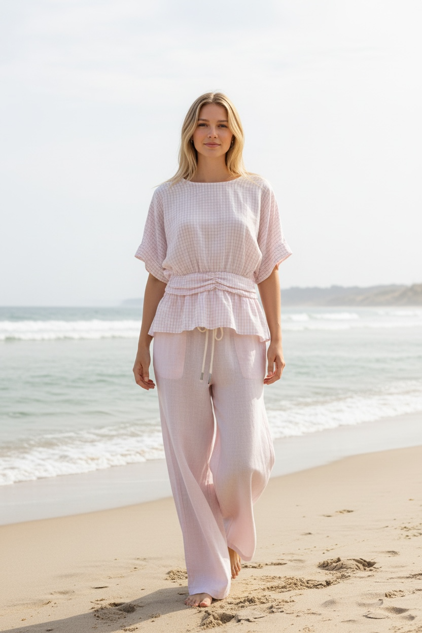 Chastar Blouse Aurelie in roze met wafelstructuur en gerimpeld detail aan de taille, vooraanzicht