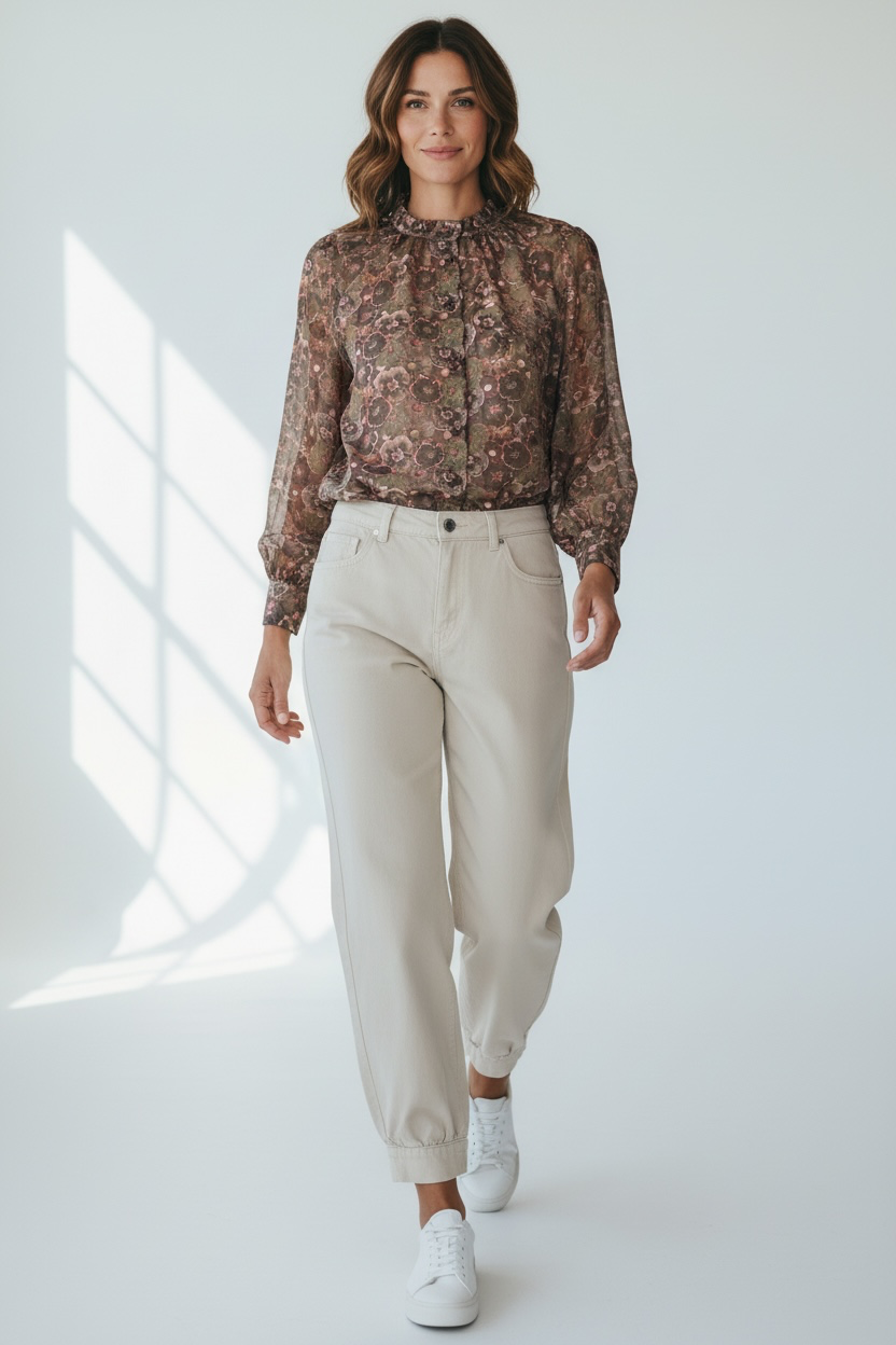 Chastar Blouse Aveline in army groen met bloemenprint en knoopsluiting, vooraanzicht op model