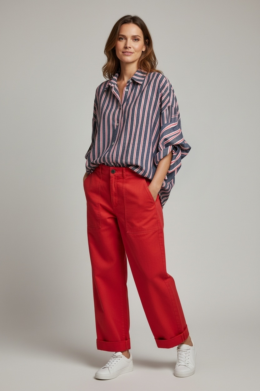 Chastar Blouse Elvira in rood met verticale strepen, kraag en knoopsluiting, gedragen door een model