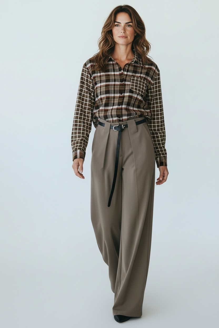 Chastar Blouse Geruit Reversible in zwart met contrasterende ruitdetails en borstzak, gedragen door een model.