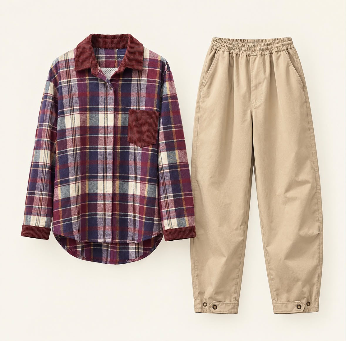 Chastar Blouse Isabeau in Bordeaux met contrasterende kraag, borstzak en manchetten, gestyled met een broek