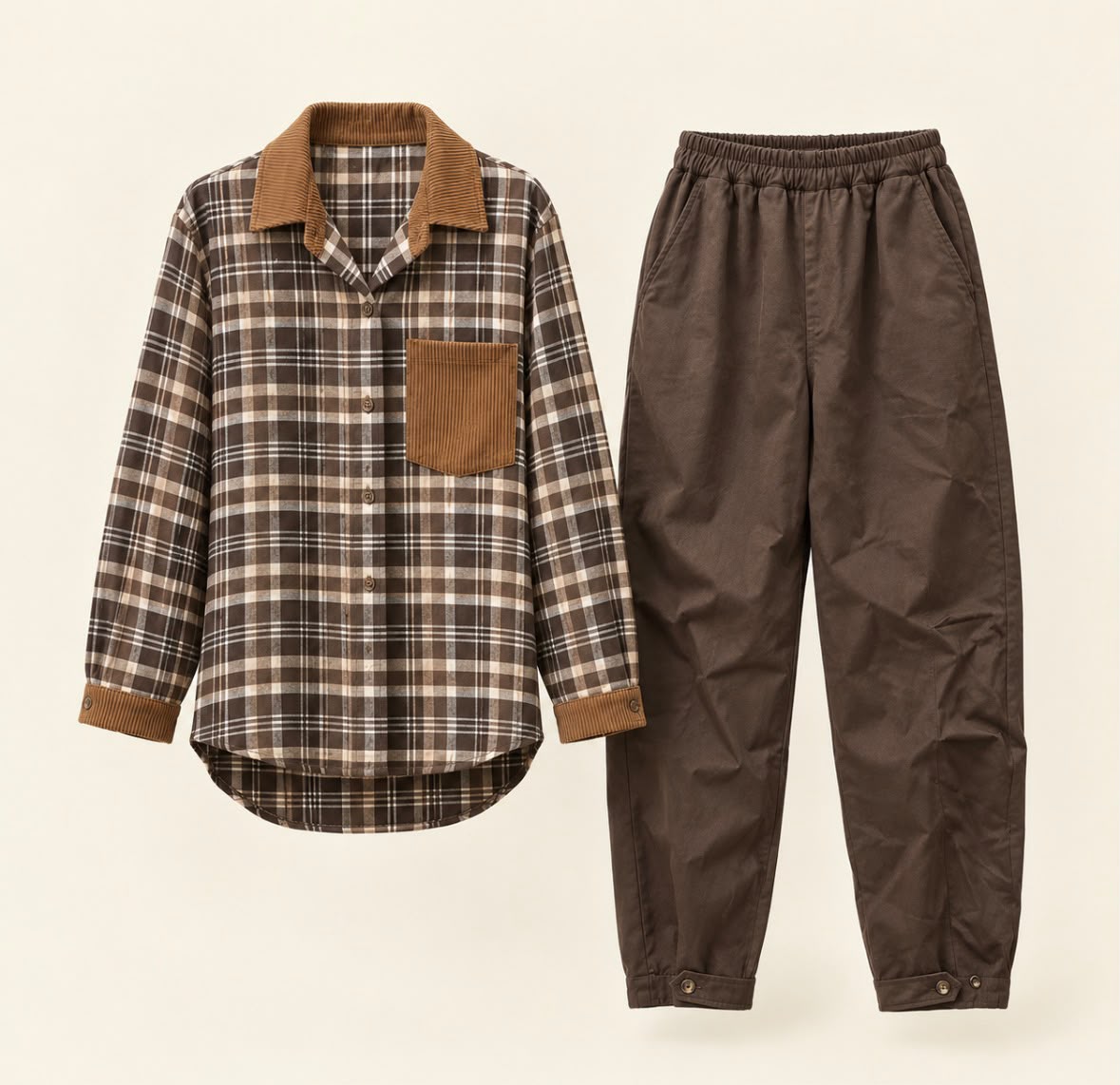 Chastar Blouse Isabeau in Bruin met ruitdessin en ribdetails, vooraanzicht naast een broek als styling