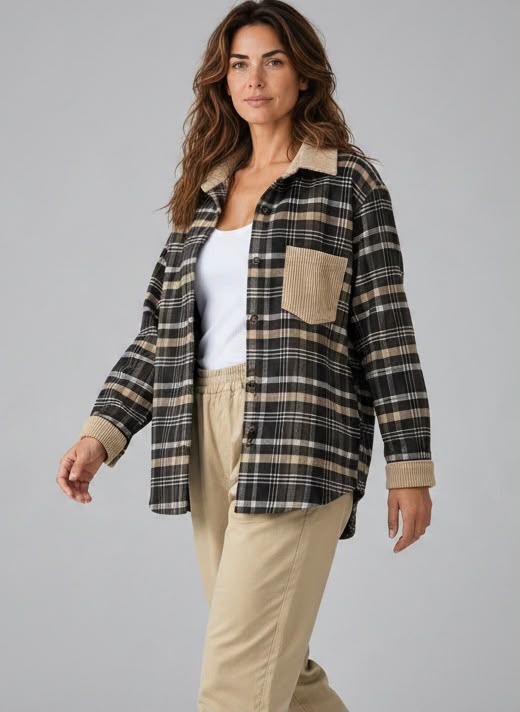 Chastar Blouse Isabeau in Donker Blauw met ruitdessin en contrasterende ribdetails, gedragen door een model