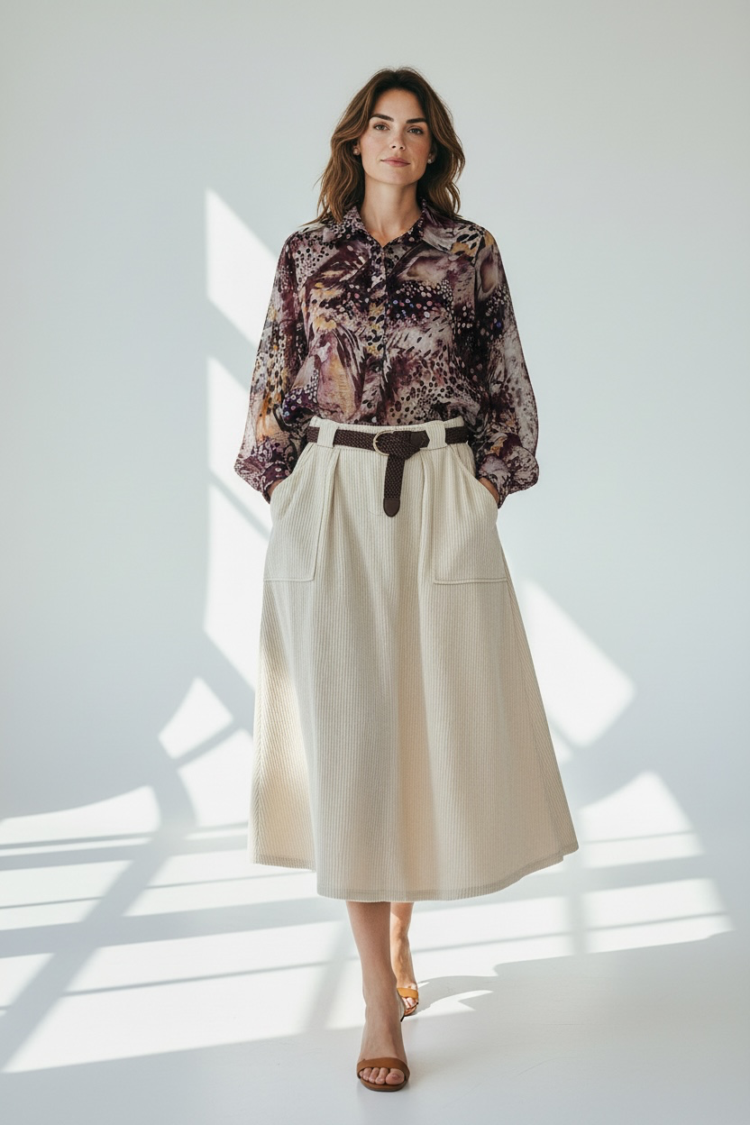 Chastar Blouse Luchtig Elise in bordeaux met abstracte print en lange mouwen, gedragen door een model.
