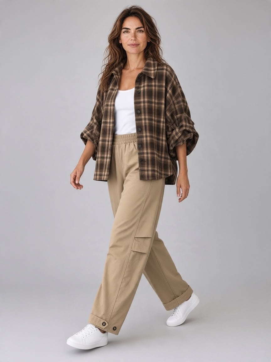 Chastar bruine Blouse Marjolaine met ruitdessin, kraag en knoopsluiting, open gedragen schuin vooraanzicht.