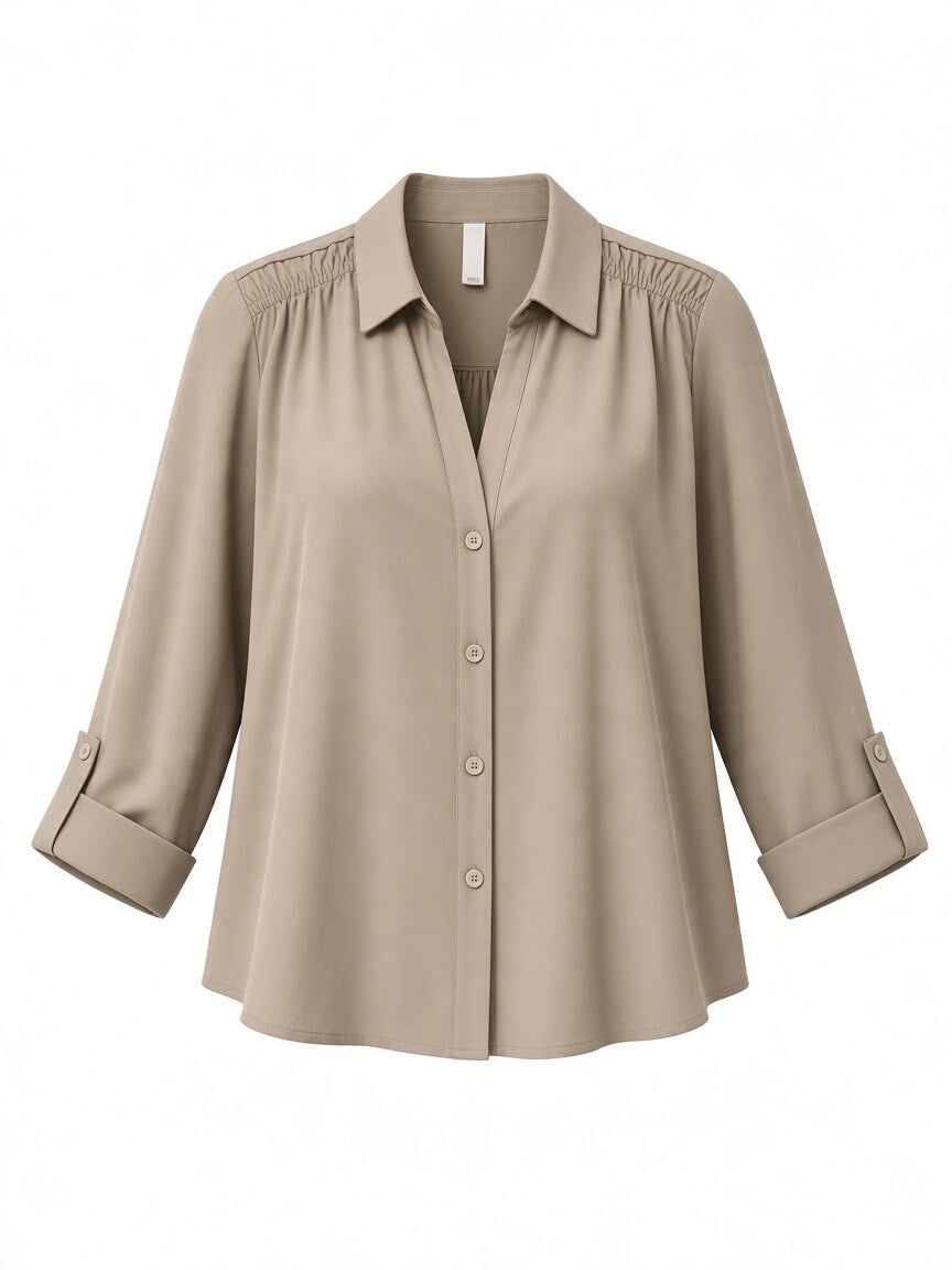 Fashion Chastar blouse in Beige met knoopsluiting, gerimpelde schouderdetails en omgeslagen mouwen