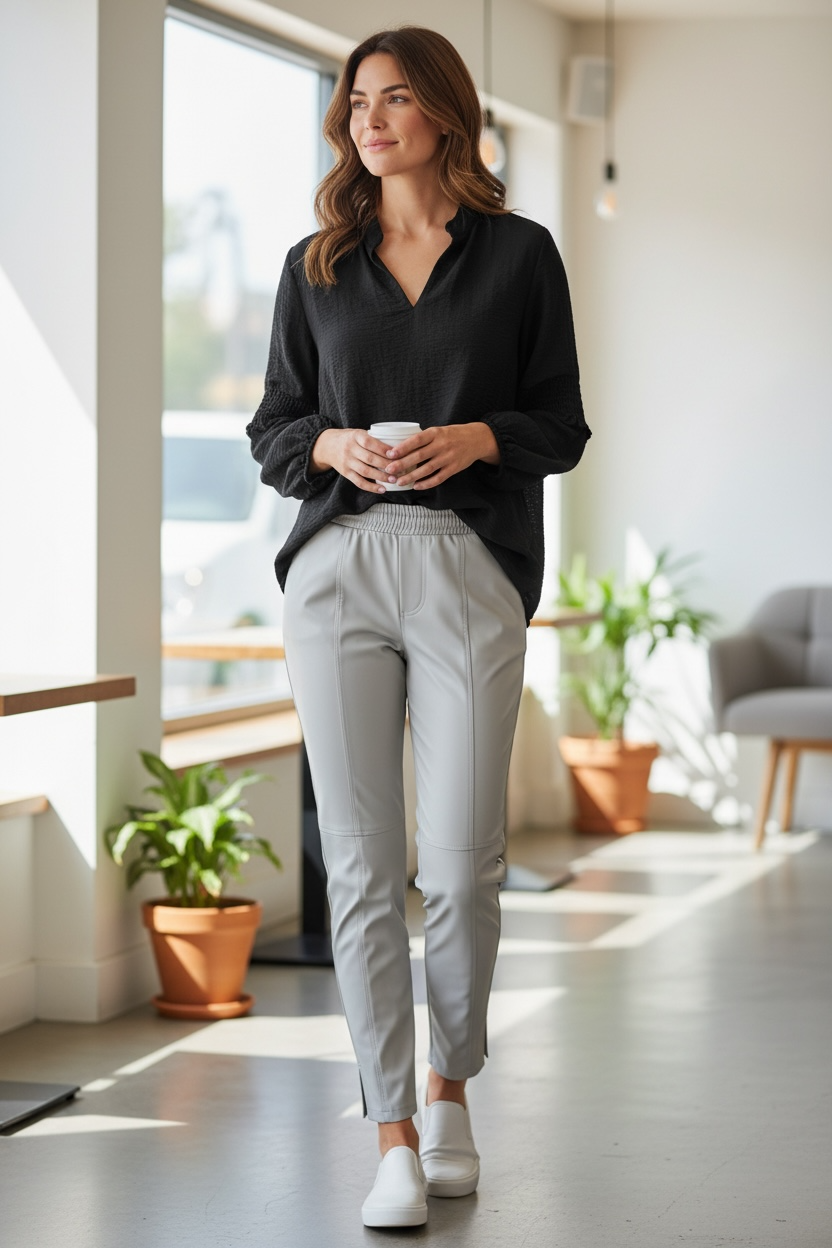 Zwarte viscose blouse met V-hals, lange mouwen en smokdetails, gedragen door een model.