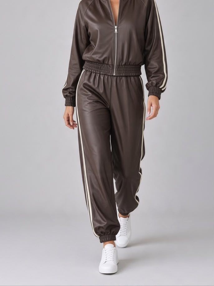 Bruine Chastar broek met lichte zijstrepen en gerimpelde enkelboorden, van voren op een model met witte sneakers.