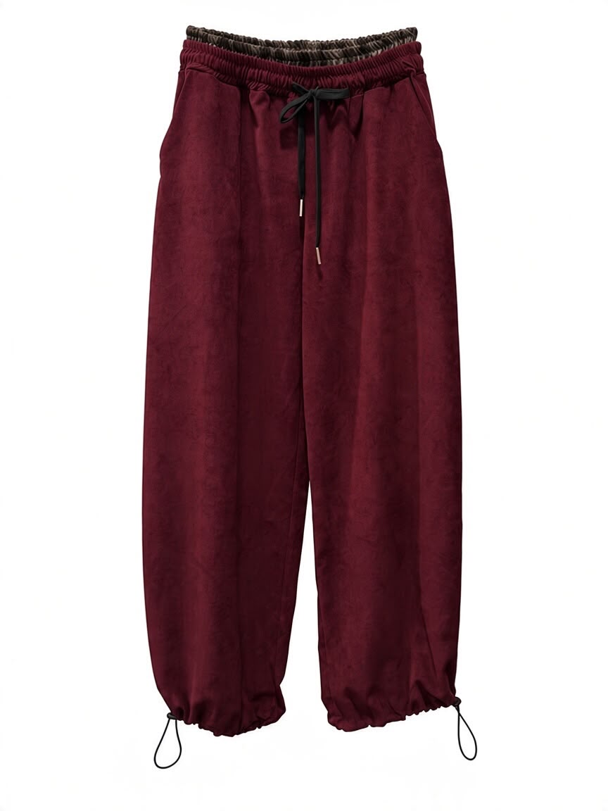 Chastar Broek Maëlys in Bordeaux met geruite rand aan de taille en koorden met stoppers, van voren.