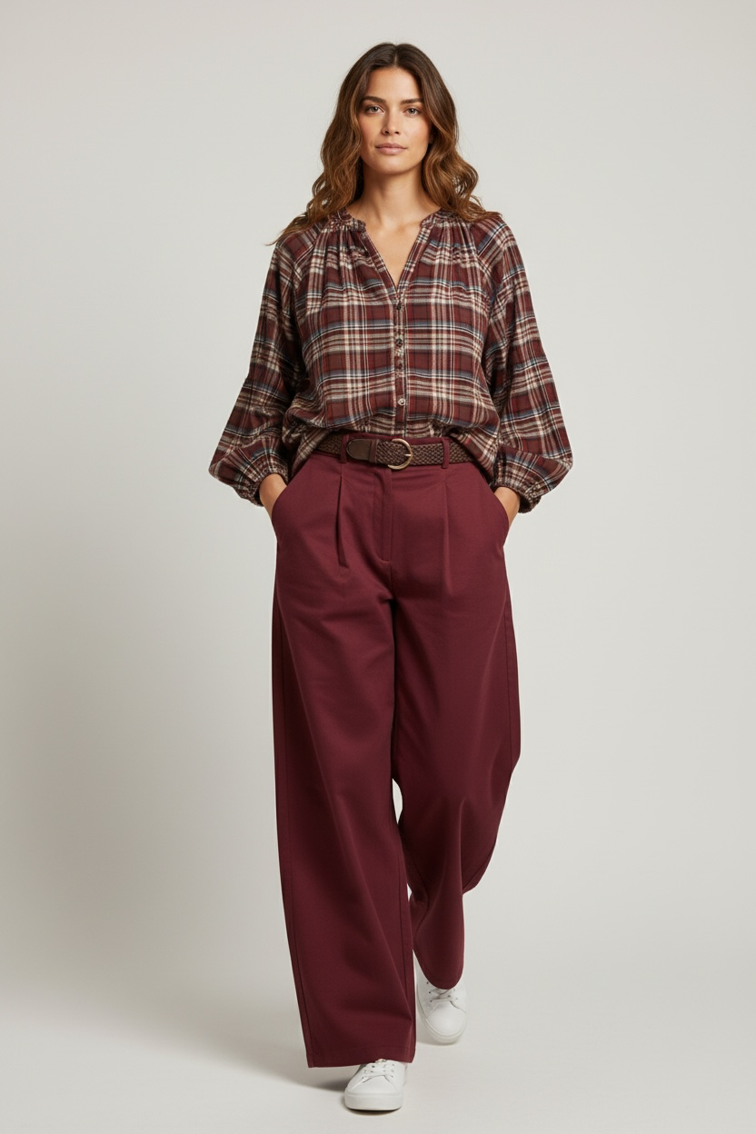 Chastar broek met stretch in Bordeaux, vooraanzicht op een model met steekzakken en wijde pijpen