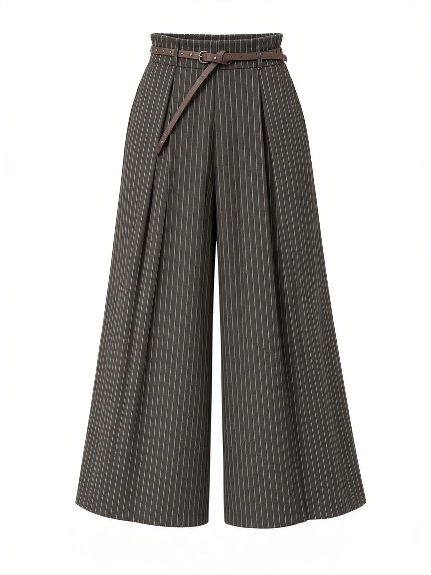 Chastar Broek Oriane in Bruin met verticale krijtstrepen, plooien en wijde pijpen, van voren.
