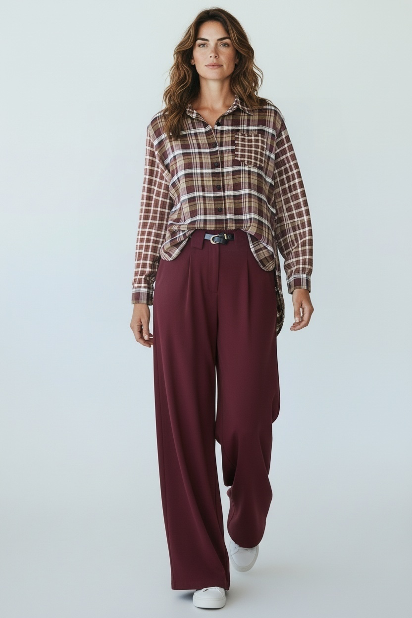 Chastar Broek Wijde Pijpen met Riem in bordeaux met plooien aan de voorzijde, gedragen door een model.