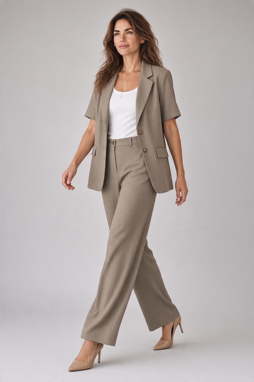 Chastar broek in Taupe met wijde pijpen en riemlussen, gedragen schuin vooraanzicht op model.