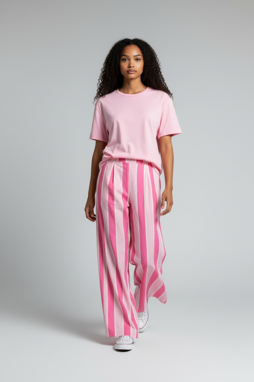 Roze effen shirt van katoen met ronde hals, korte mouwen en verlaagde schoudernaden, gedragen door een model.