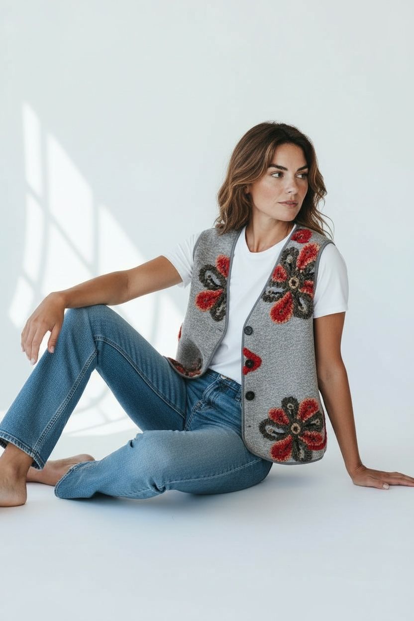 Chastar Gilet Alina in Grijs op een zittend model, met bloemenmotief, V-hals en knoopsluiting