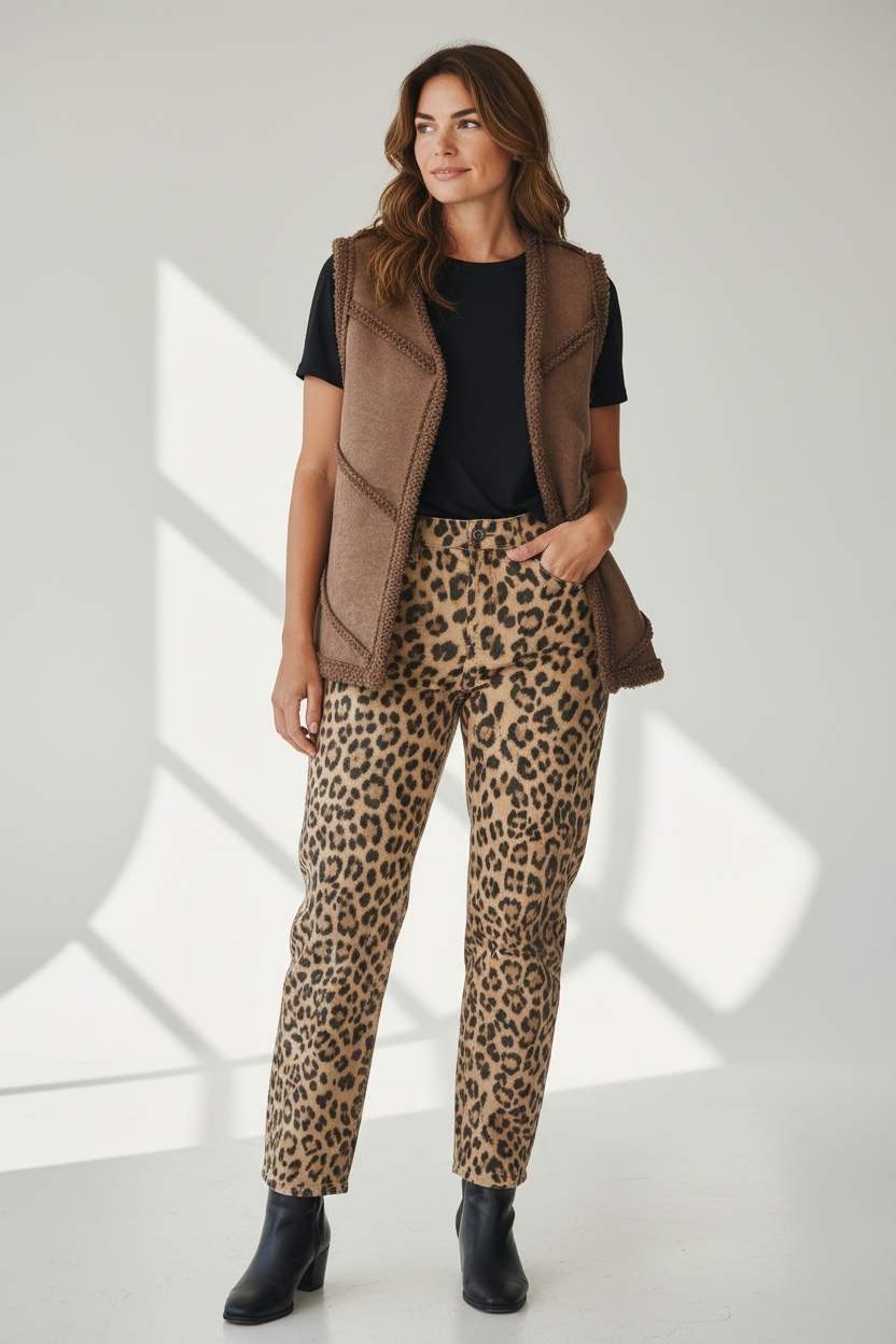 Chastar Gilet Elin in Choco op een model, vooraanzicht met open voorzijde en teddyafwerking