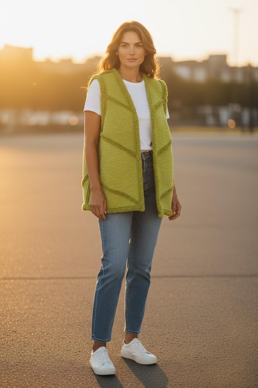 Chastar Gilet Elin in Groen op een model, mouwloos met open voorzijde en zichtbare diagonale naden