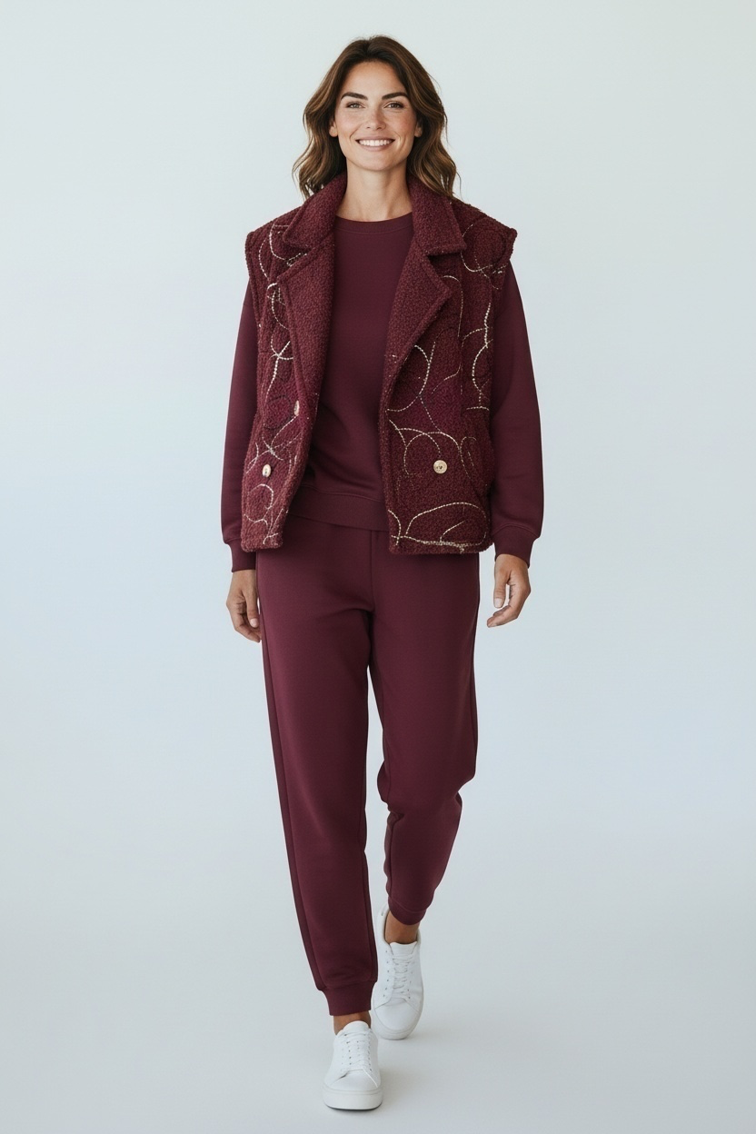 Chastar gilet Livia in Bordeaux met reverskraag en decoratieve lijnen, vooraanzicht op model