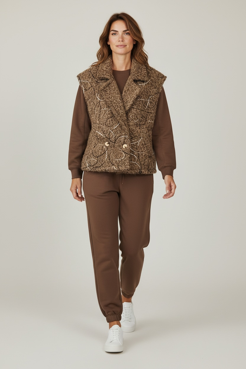 Chastar gilet Livia in Bruin met decoratieve lijnen en twee zichtbare knopen, vooraanzicht op model