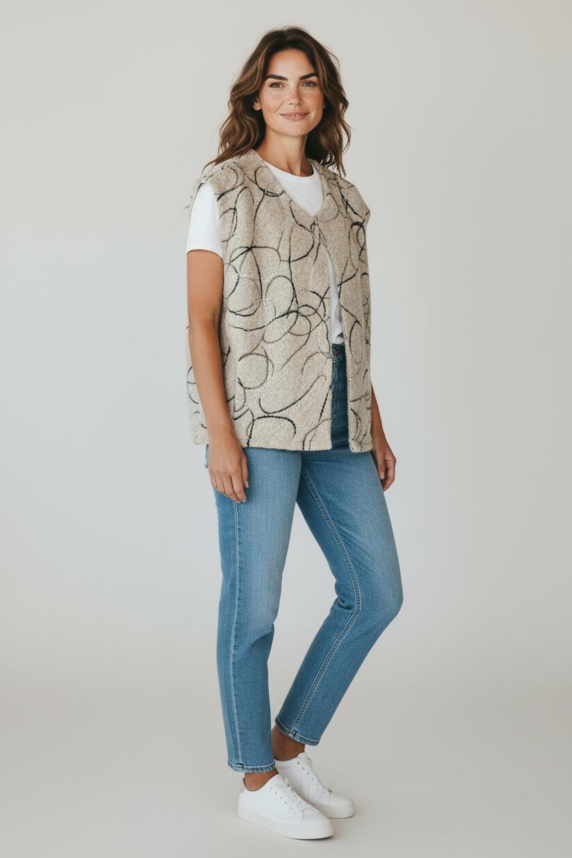 Chastar Gilet Rosalie in Beige op een model, met abstract lijnendessin en een gestructureerde buitenkant