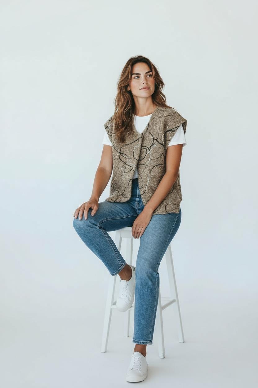 Chastar Gilet Rosalie in Camel op een zittend model, vooraanzicht met abstract lijnendessin en V-hals