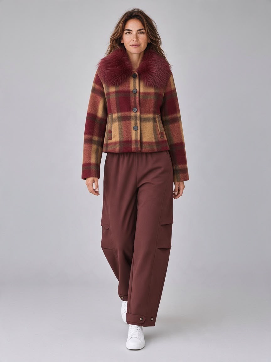 Bordeaux Chastar jas Aurelia met grote ruiten, brede langharige kraag en knopen, van voren op een model.