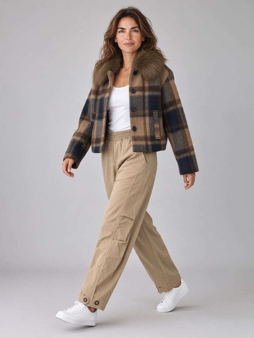 Bruine Chastar jas Aurelia met contrasterende ruiten en langharige kraag, in driekwartaanzicht met beige broek.