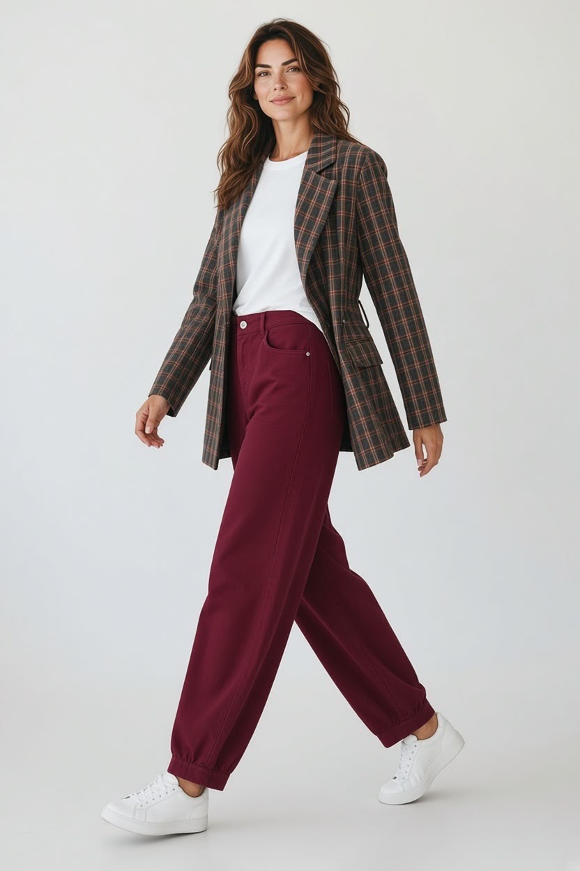 Chastar jas Elodie in Blauw met ruitmotief, reverskraag en lange mouwen, gedragen door een model