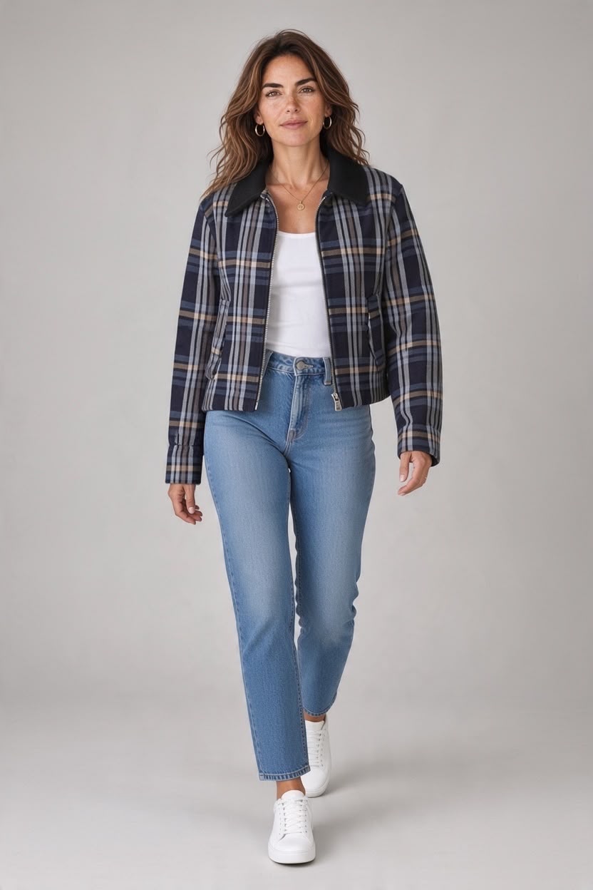 Chastar jas Evelina in blauw met ruitdessin, effen contrastkraag en ritssluiting, gedragen vooraanzicht.
