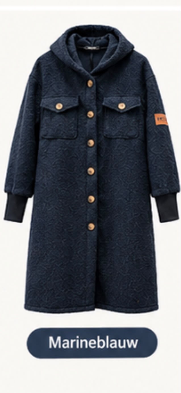 Chastar lange trenchcoat in Donker Blauw met capuchon, knoopsluiting en twee borstzakken, vooraanzicht