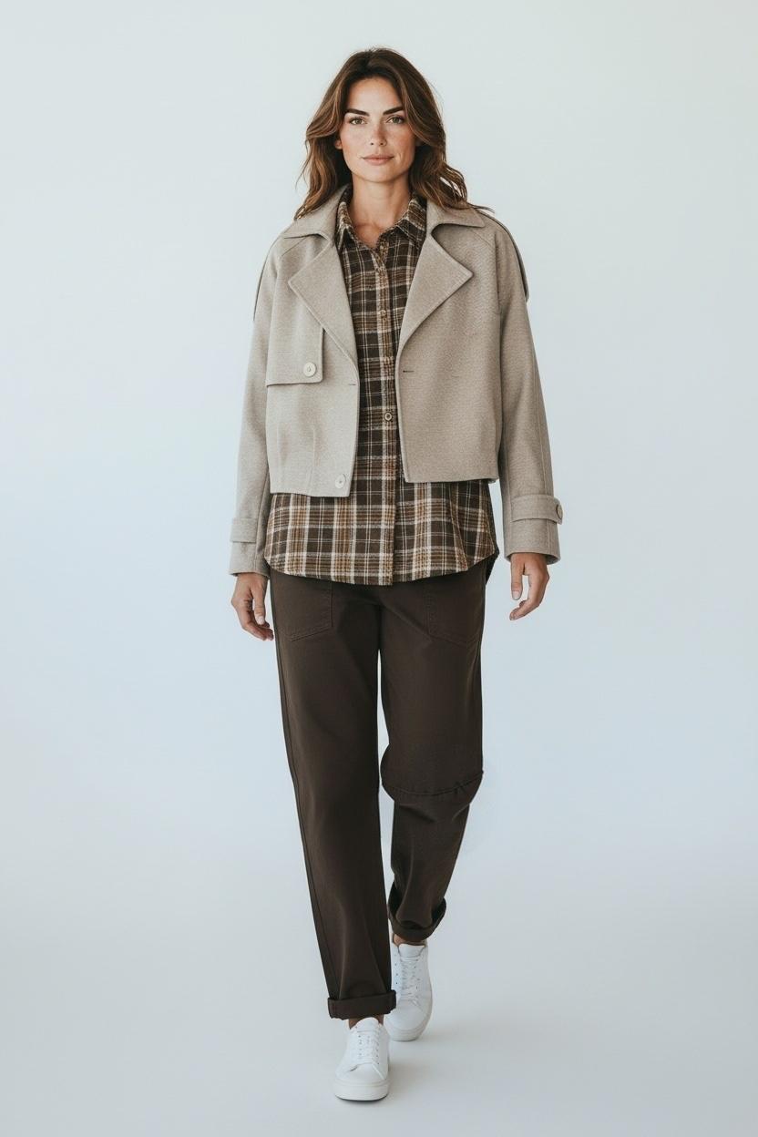 Chastar jas in Beige met brede revers en bandjes aan de mouwen, vooraanzicht gedragen op model.