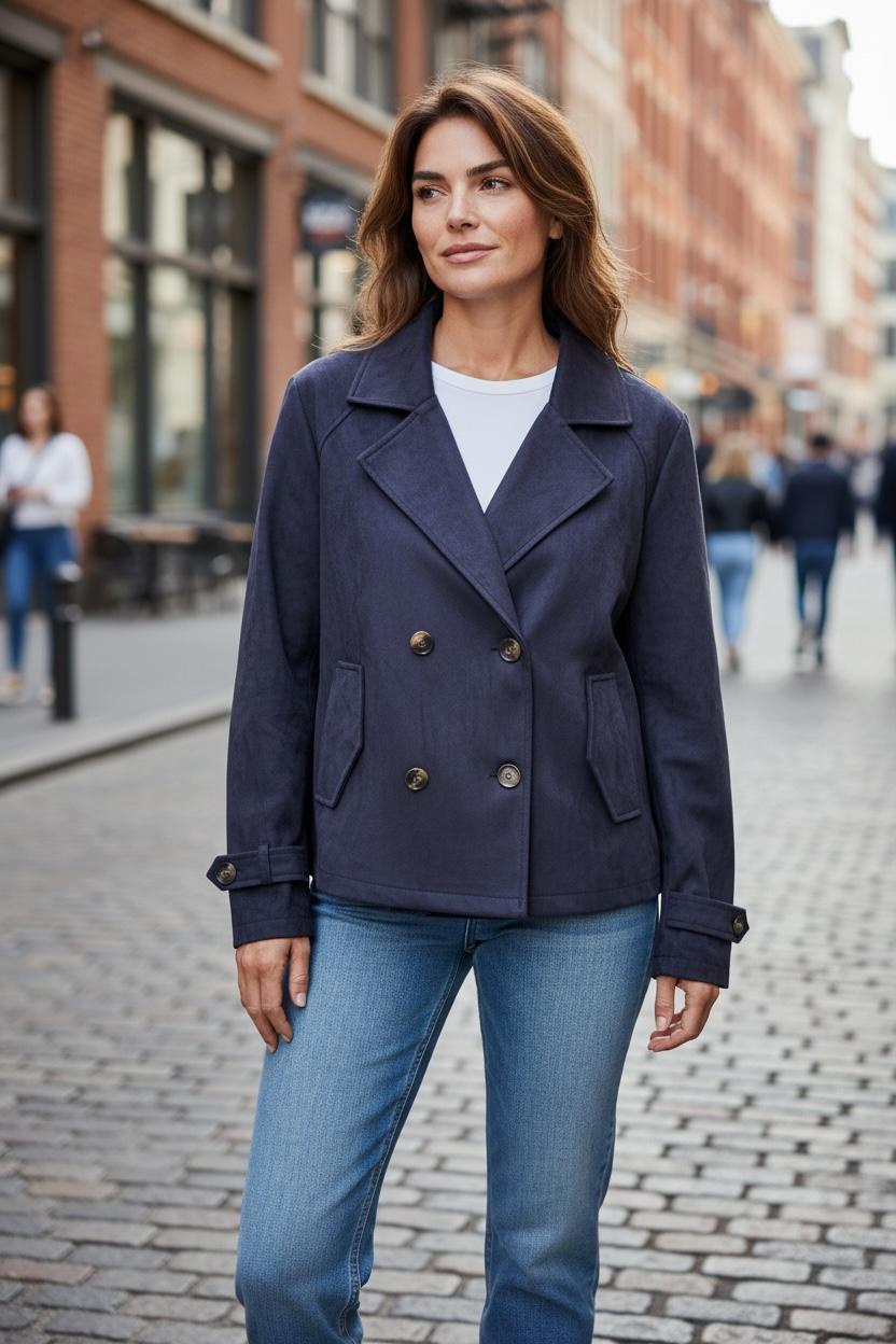 Chastar jas met suèdelook in Donker Blauw, reverskraag en dubbele knoopsluiting, gedragen door een model