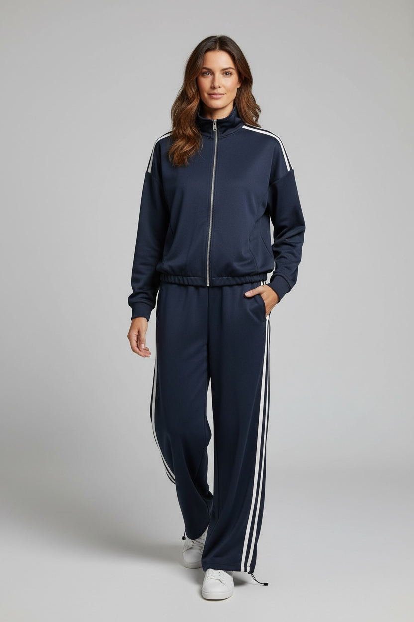 Chastar Jogging Set in blauw met ritssluiting en contraststrepen, vooraanzicht op model