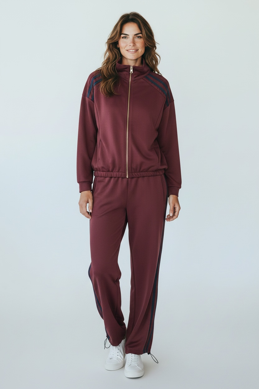 Chastar Jogging Set in bordeaux met ritssluiting en contraststrepen, vooraanzicht op model
