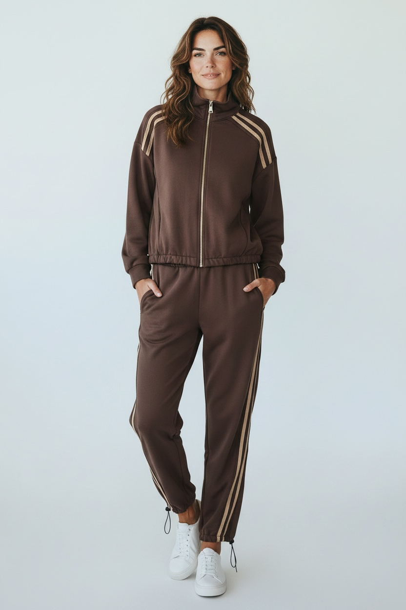 Chastar Jogging Set in bruin met ritssluiting en contraststrepen, vooraanzicht op model