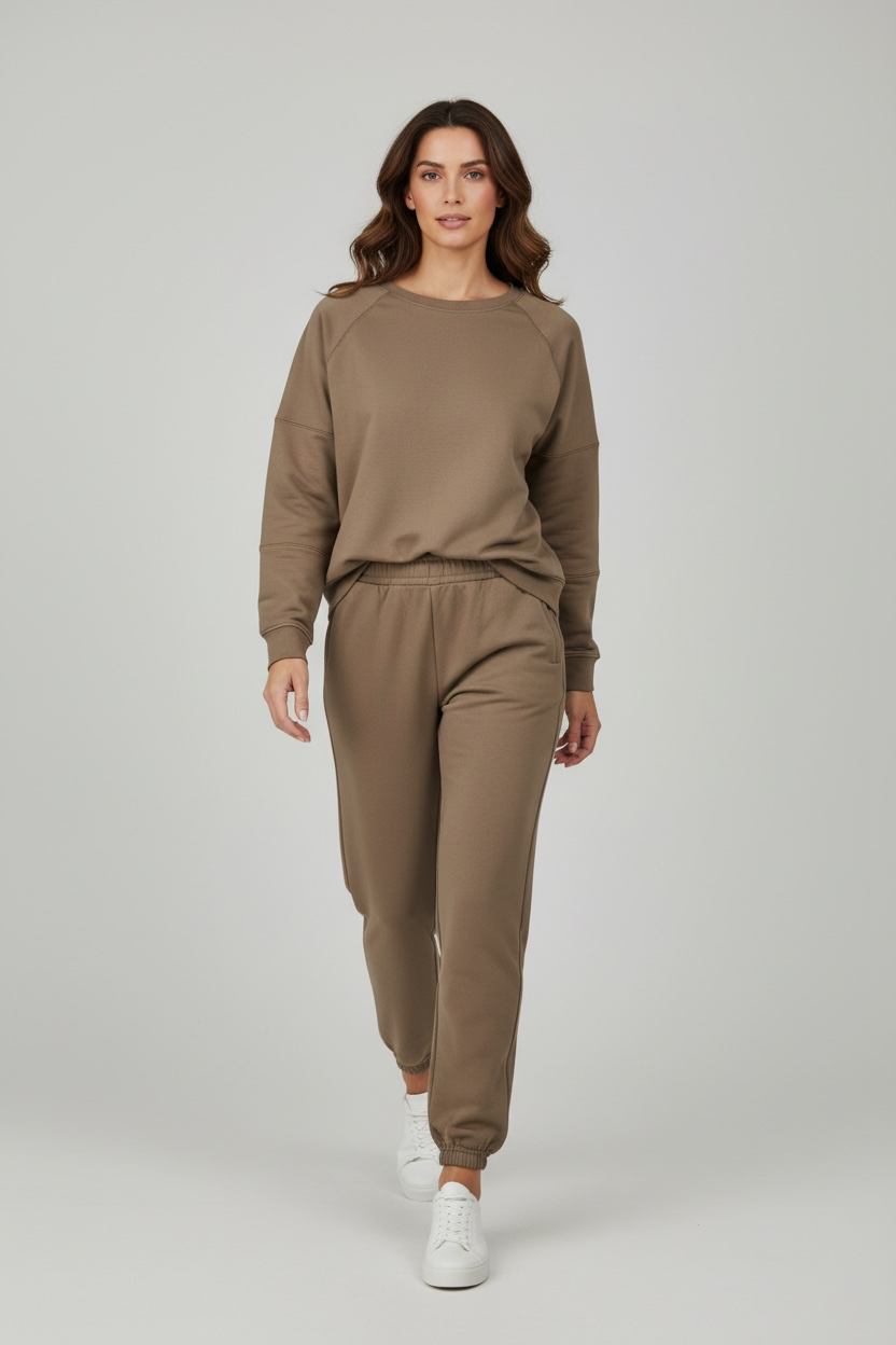 Chastar joggingset in Beige met sweater met ronde hals en broek met enkelboorden, vooraanzicht