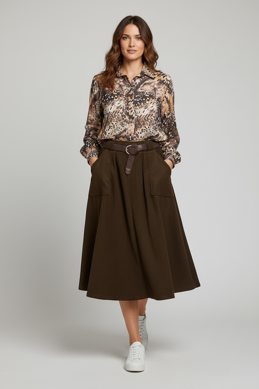 Chastar Rok Ribfluweel met ceintuur in bruin, gedragen door een model met een blouse met print.