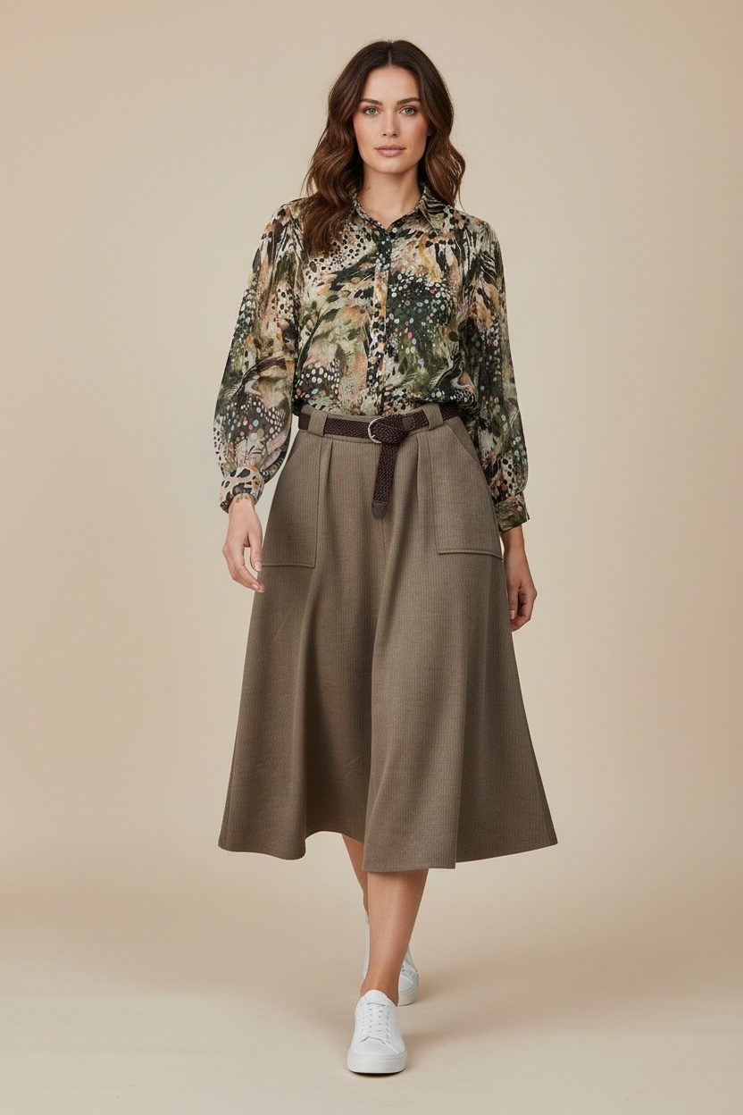 Chastar Rok Ribfluweel met ceintuur in taupe, gedragen door een model met een blouse met print.