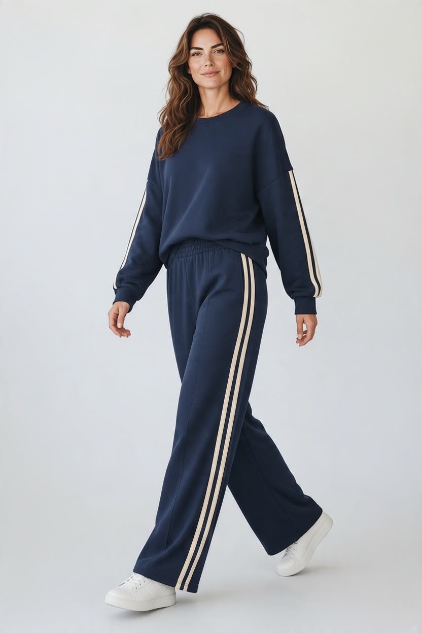 Chastar set in Donker Blauw met ronde hals en dubbele contraststrepen op mouwen en broek, gedragen vooraanzicht.